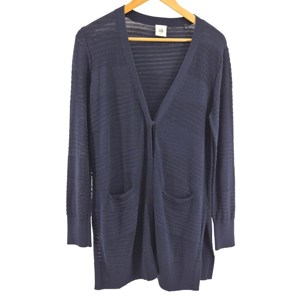 Cabi Navy Blue Knit Snap Front Cardigan Longline Sweater Size‎ S Lightweight